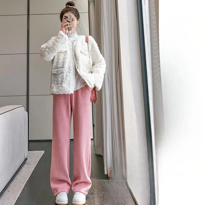 

Широкие брюки, уличная одежда, женские зимние бархатные плюшевые шерпы с начесом, двусторонние флокированные ребристые, нежные, полная длина, 20л.