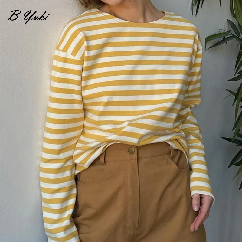 Blessyuki Loose Striped T-shirt Women 2023 Spring Autumn Casual Long Sleeve Cotton Vintage Tees Female Gothic Soft Basic Tops