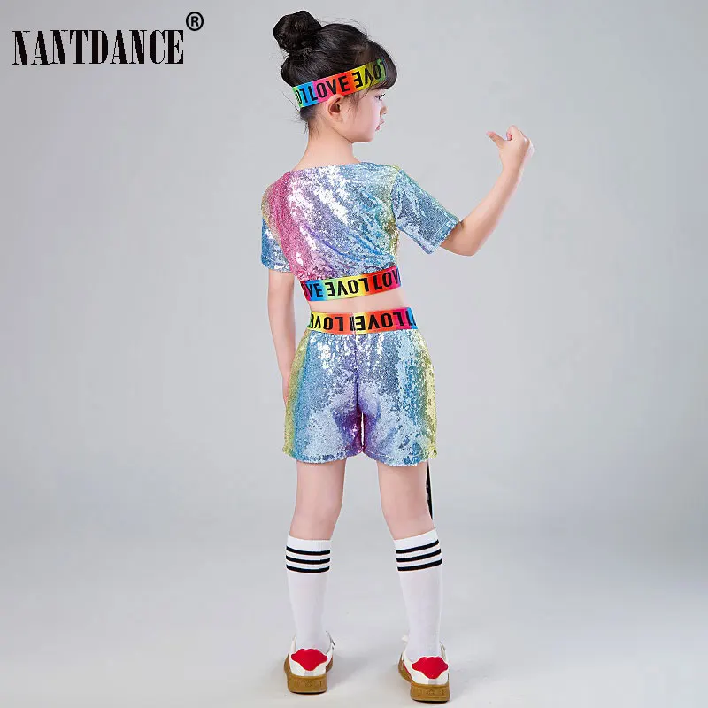 Mädchen Hip-Hop Jazz Dance Kostüm Straße Moderne Ballsaal Dancewear Kinder Kind Tanzen Kleidung Set Pailletten Crop Top mit Shorts