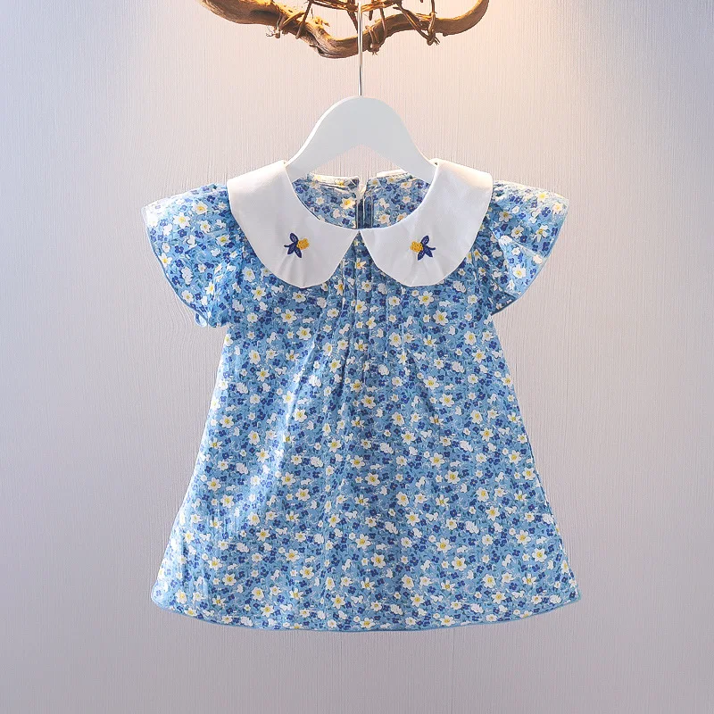 0-3Y Summer Clothes Fashion Baby Girls Dress Short Sleeve Blue Floral Embroidery Princess Dress Newborn Infant Kids Clothes