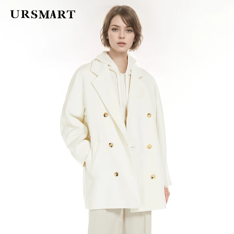 Klassieke witte korte wollen damesjas met dubbele rij knopen, op maat gemaakte kasjmiermix, hoogwaardige winterwarmte, losse en eenvoudige jas