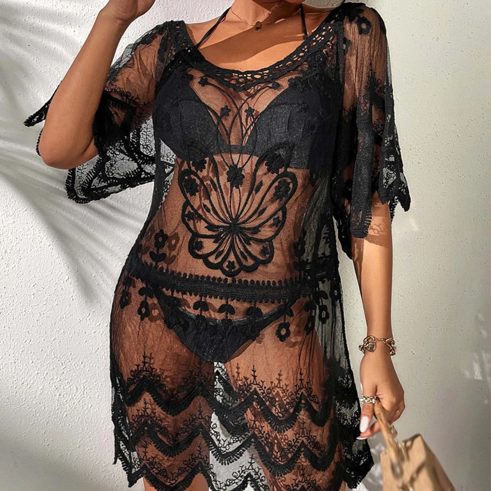 

Pareo Women Floral Lace Beach Cover Up Mesh See Through Beach Dress Short Sleeve Cover Up Blouse Summer Swimsuit Bathing Suit