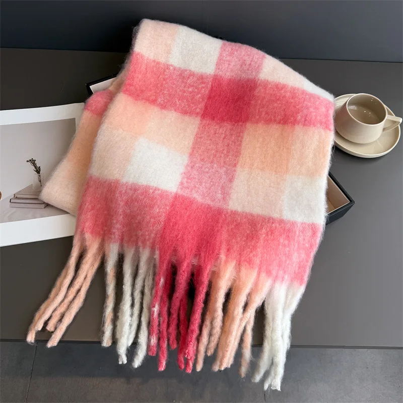 Warmer Dicker Winterschal für Damen, Mohair, Kariert, Weicher Quastenschal, Pashmina, Großer Halsdecken-Schal – Detail 6