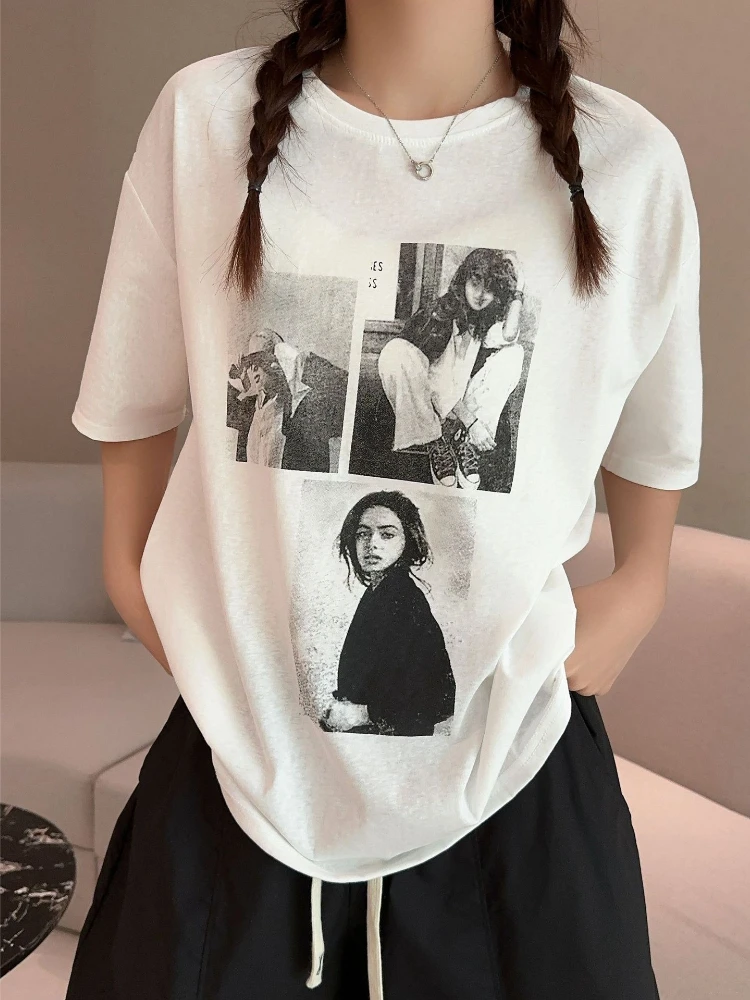 Summer Knit Women's Oversize T-shirt Korean Fashion Streetwear Character Print Short Sleeved Tops Elegant Loose Female Clothing