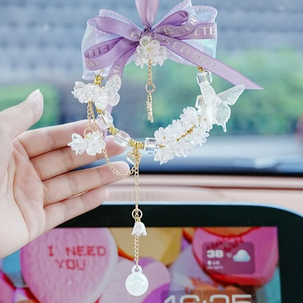 

Crystal Butterfly Flower Car Pendant Bow Car Rearview Mirror Decoration Auto Hanging for Woman Car Interior Decor Accessories