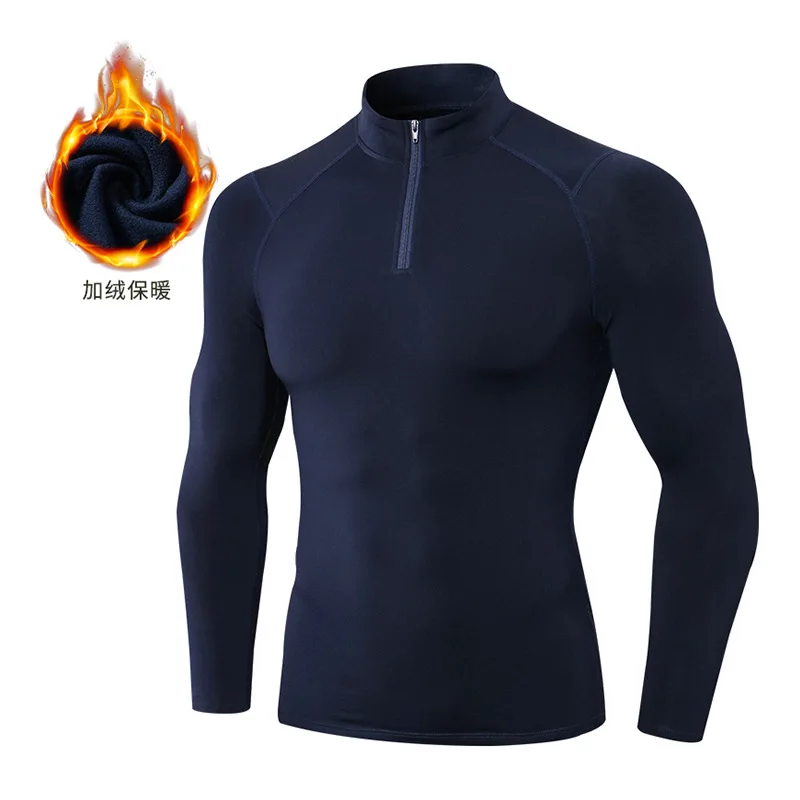 Men's autumn and winter velvet gym clothes, high-elastic tight-fitting sports running training, long-sleeved thermal stand-up ne