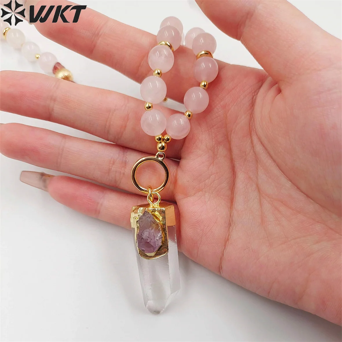 WT-N1411 WKT 2023 Exquisite rose quartz&crystal quartz necklace pendant women jewelry new sale 30inch gemstone pendant girl