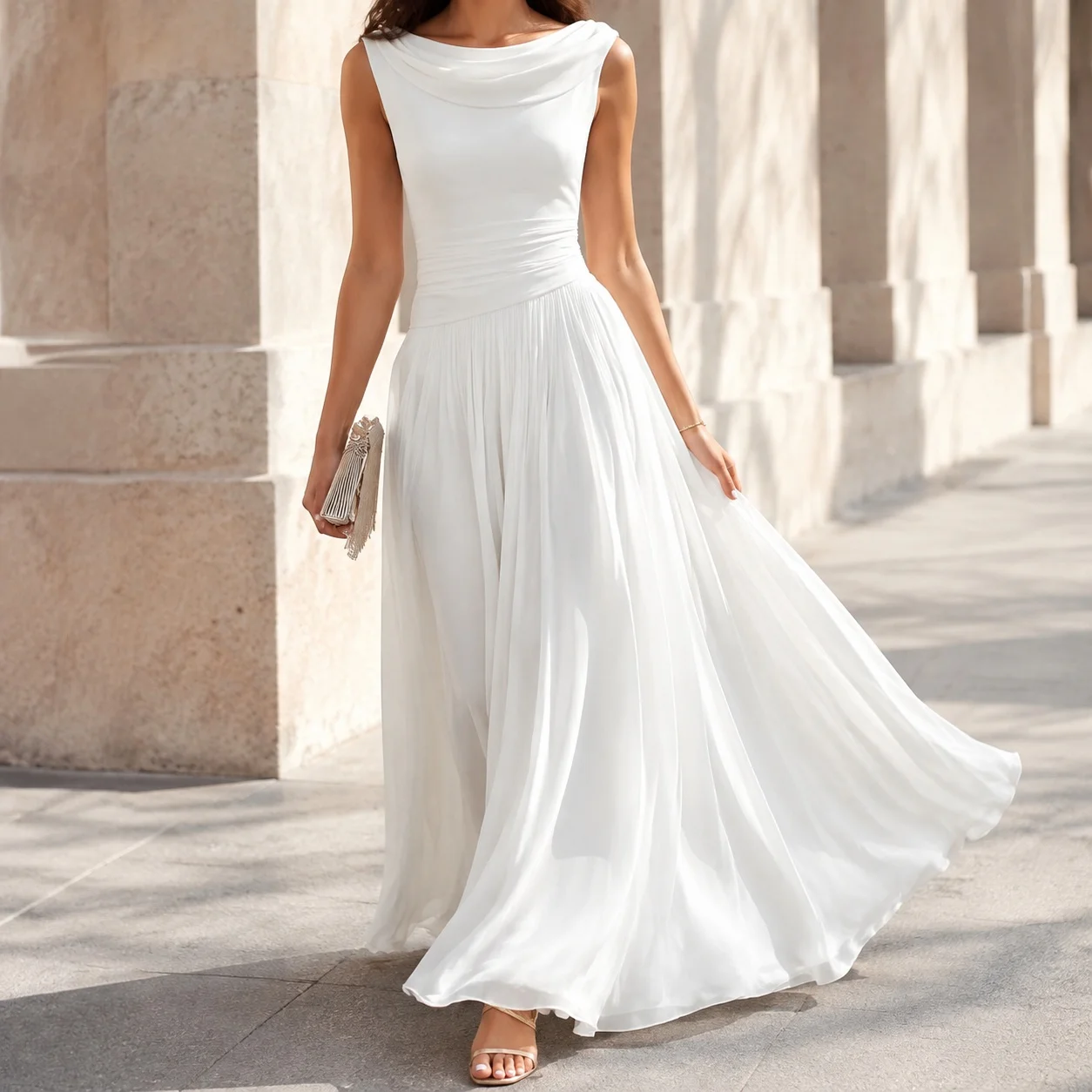 Pleated a Line Dress Japanese Korean Casual with Slim Fit Midi Length No Button Closure Sleeveless Spring Women Casual Dresses