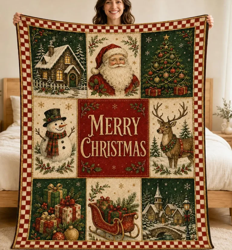 Vintage Christmas Blanket, Patchwork Santa Reindeer Throw, Cottagecore Holiday Home Decor, Merry Christmas Winter Gift Blanket