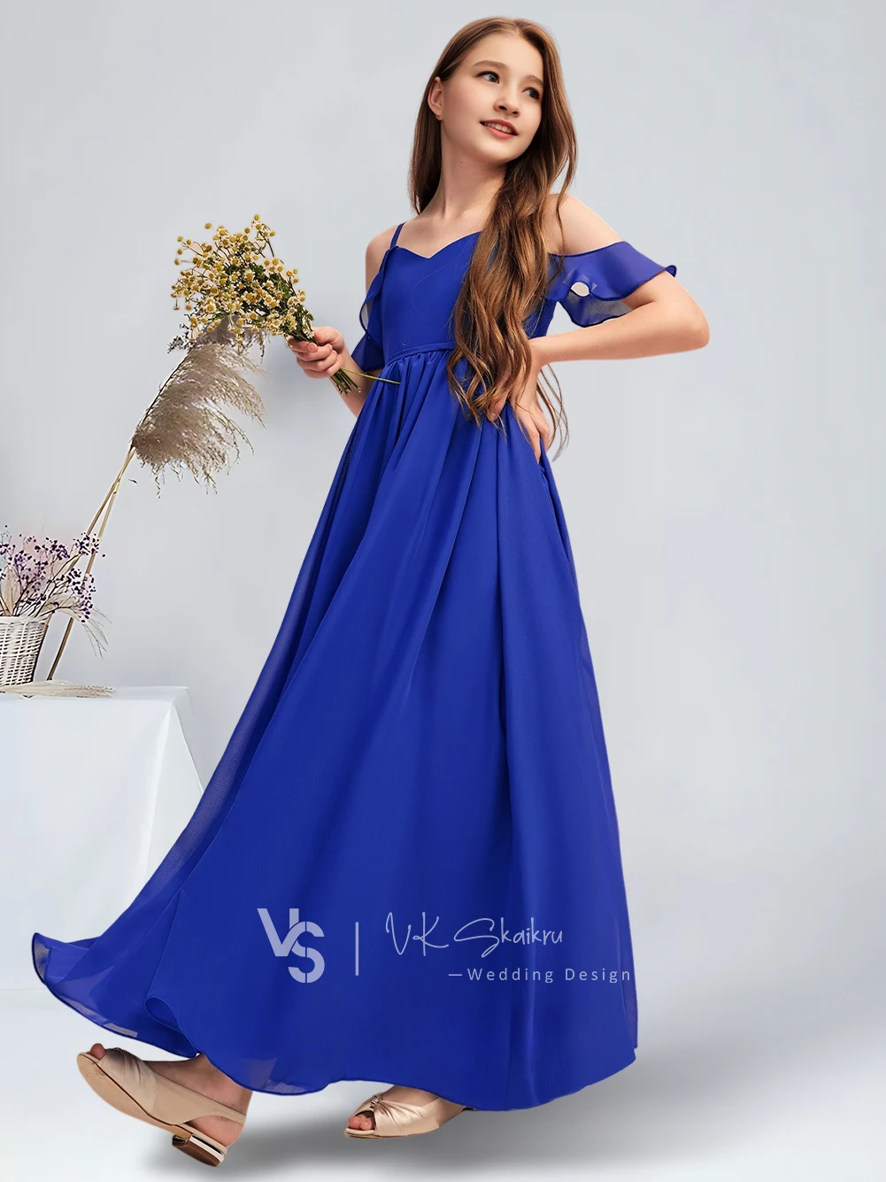 Vestido de dama de honor junior de gasa hasta el suelo con hombros descubiertos y corte en A, vestido de niña de flores azul real, vestido para adolescentes para ocasiones especiales