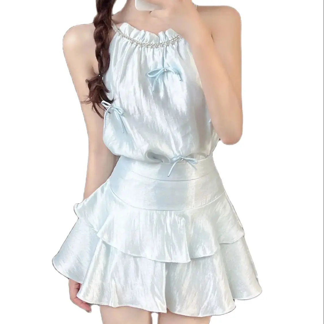 Two Piece Set Sweet Bow Diamond Hanging Neck Strapless Sling High Waist Ruffled Cake Skirt Rhinestone Halter Satin Crop  Suit