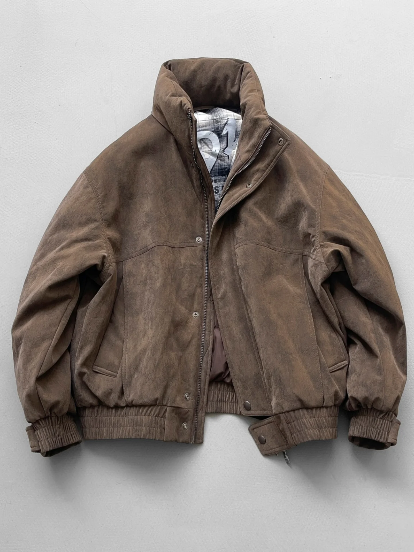 

Matte Tied Dye PU Leather Men's down Jaet Folded Bat Sve ape Stand Collar Winter Thi Warm Cold Proofing Outerwear