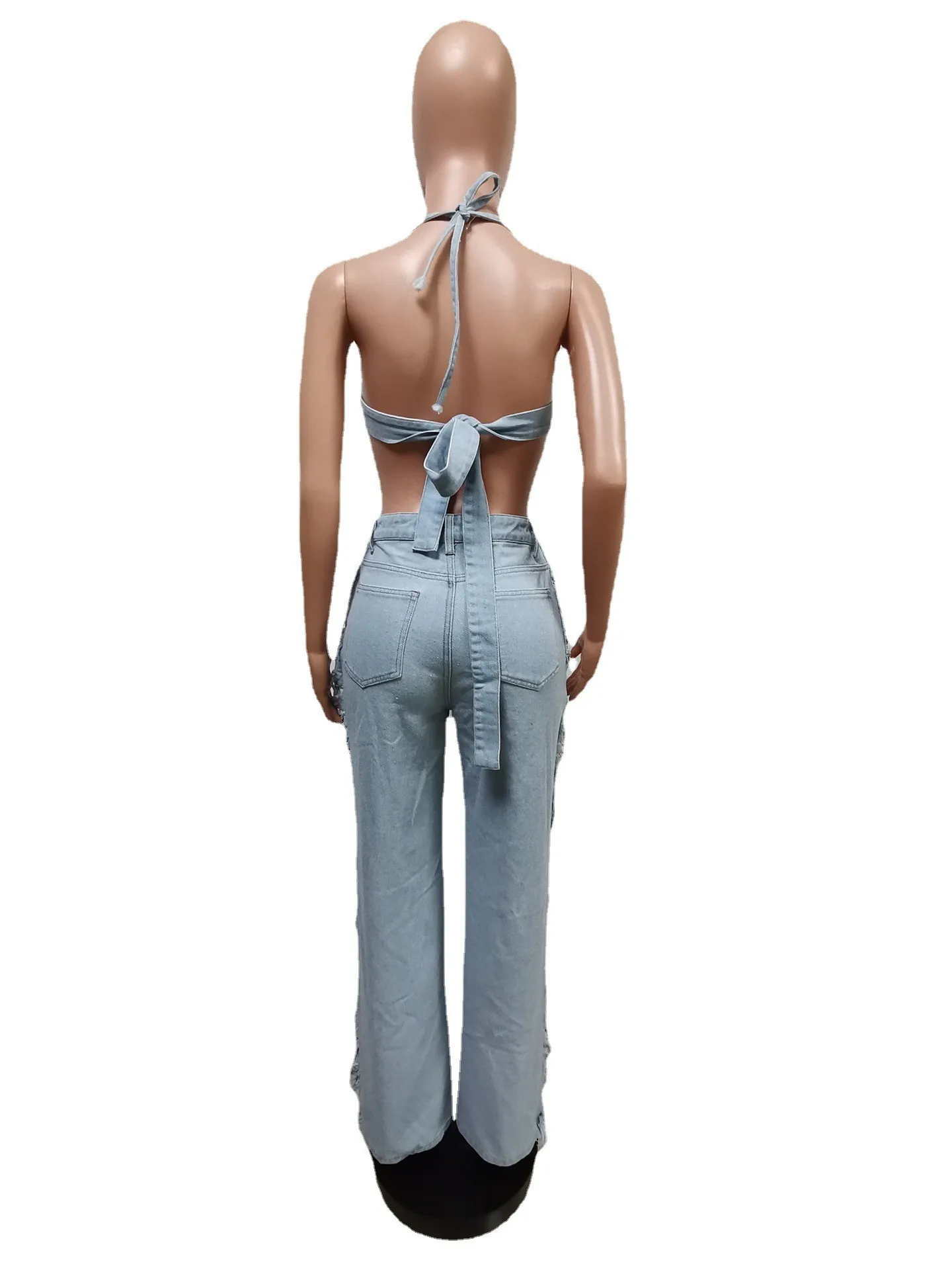 Sexy Loch Quaste Denim 2 Stück Set Frauen 2023 Neue Casual Lace Up Crop Top + Breite Bein Hosen Club outfits Streetwear Y2K Kleidung