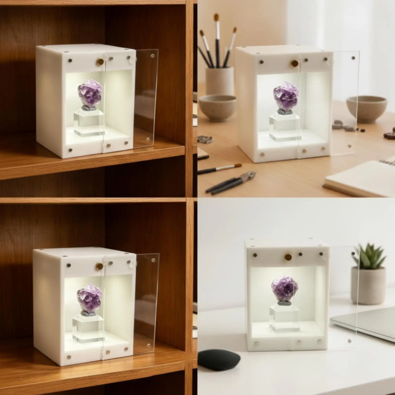 Acrylic Showcase Box with Touch Sensor Light for Crystal and Stone Display on Desk or Shelf Organizer
