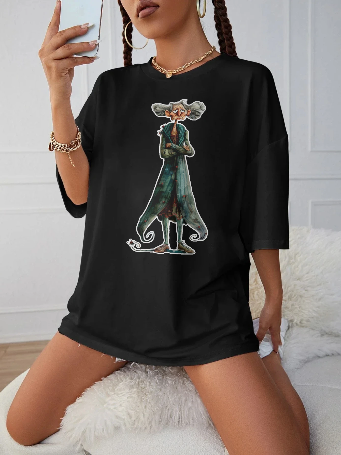 

Quirky-Whimsical-Crazy-Grandma-Clipart Black Round Neck T-Shirt for Late Pregnancy Loose Fit Trendy Maternity Wear for Women