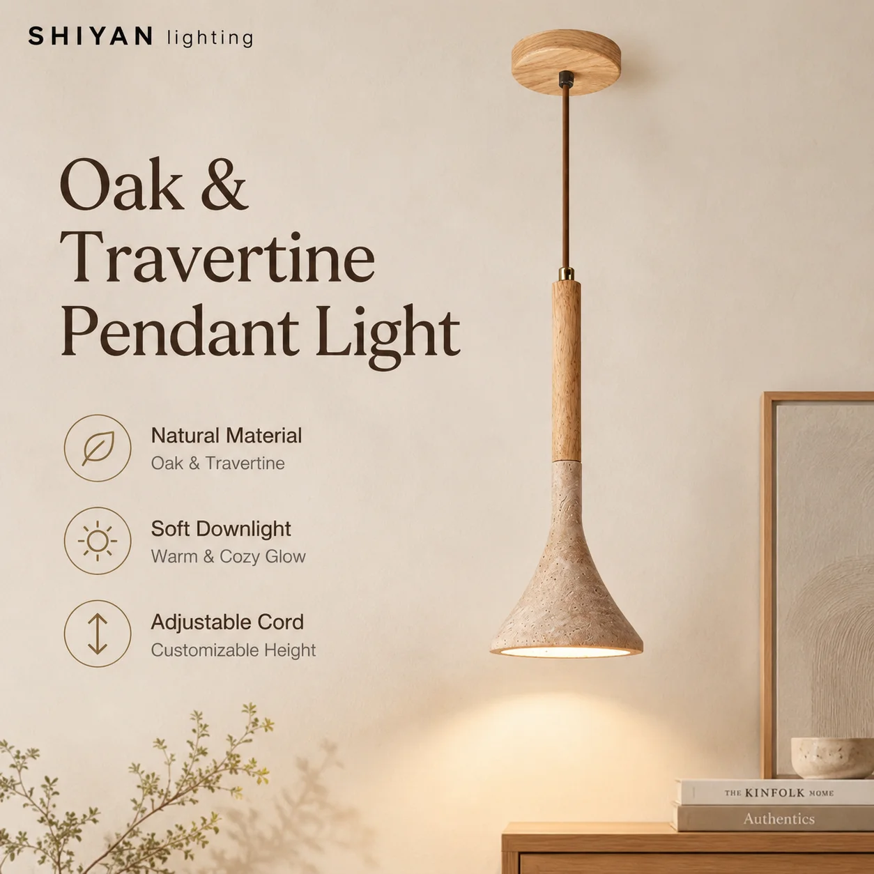 Wabi-Sabi Yellow Travertine Pendant Light Japanese Cave Stone for Kitchen Island Restaurant Bedroom Bedside Home Decor