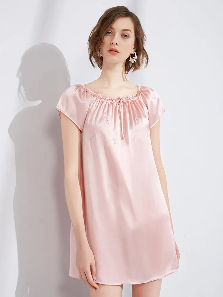 100% Mulberry Silk Cute Women's Short Sleeve Nightdress Summer Lingerie Loungewear Princess Sleepwear Court Style Pajama Dress