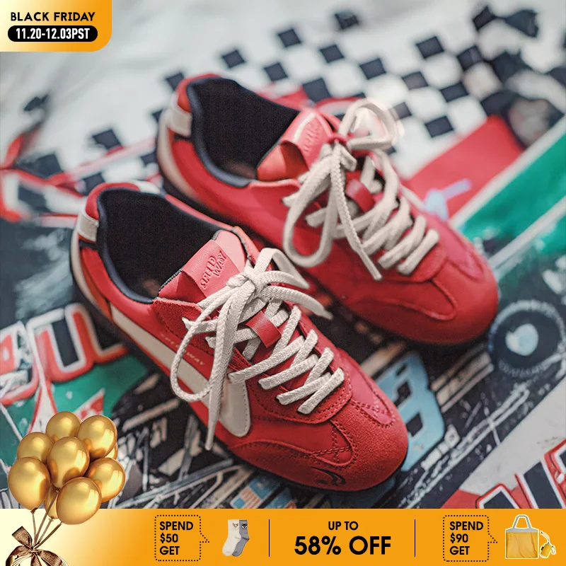 

Maden Vintage Women's Patchwork Red Racing Sneakers Summer Breathable German Trainers Shoes Thin Sole Casual Lace-Up Sport Shoes