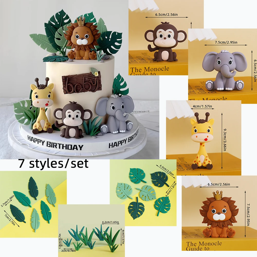 Woodland Animals Cake Decor Cartoon Lion Giraffe Elephant Monkey Turtle Leaves Cake Topper Happy Jungle Safari Birthday Party De