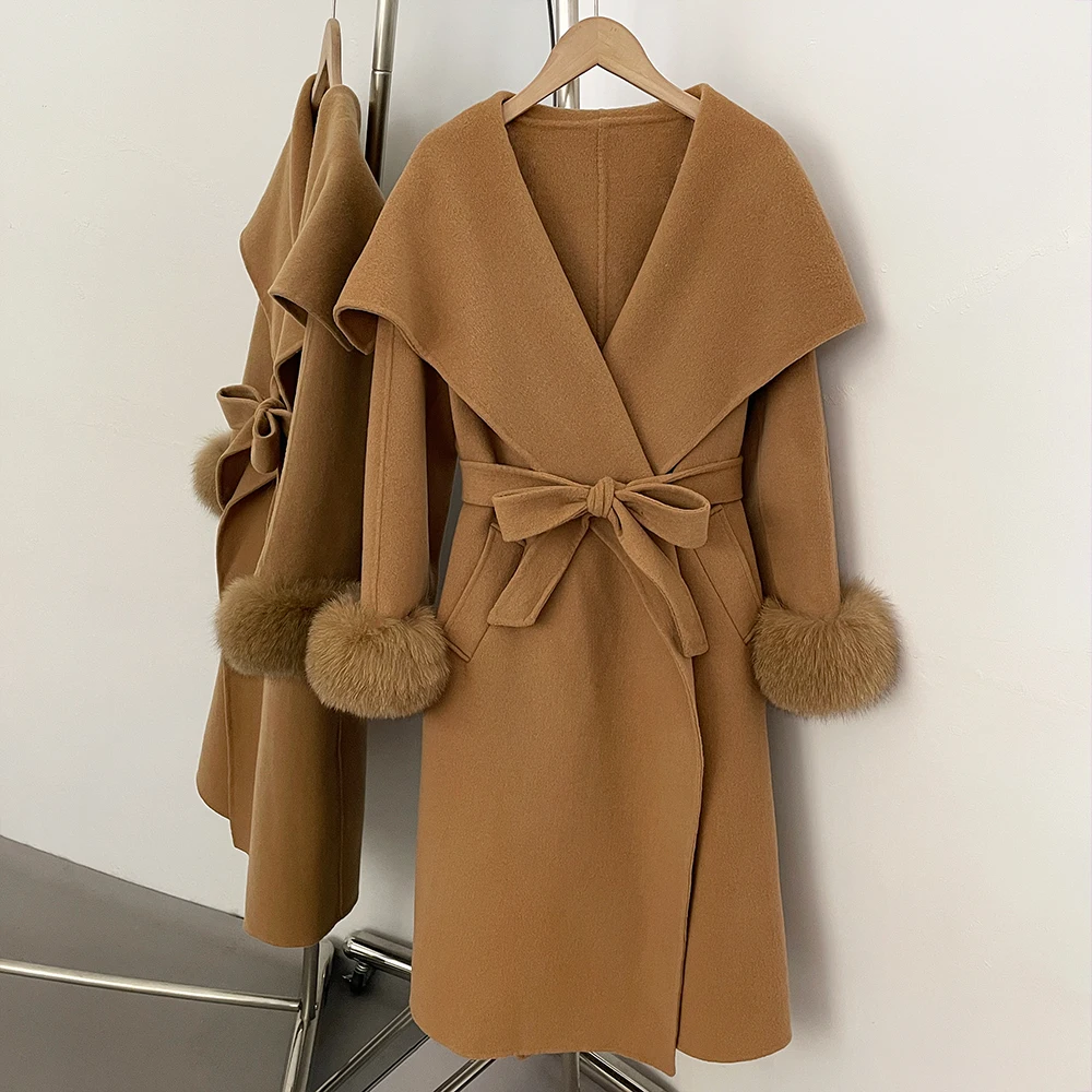 Elegant Woolen Coat Women's Big Collar Wool Coat Real Fox Fur Cuffs Autumn Winter Coats for Woman Winter Woolen Jacket Women