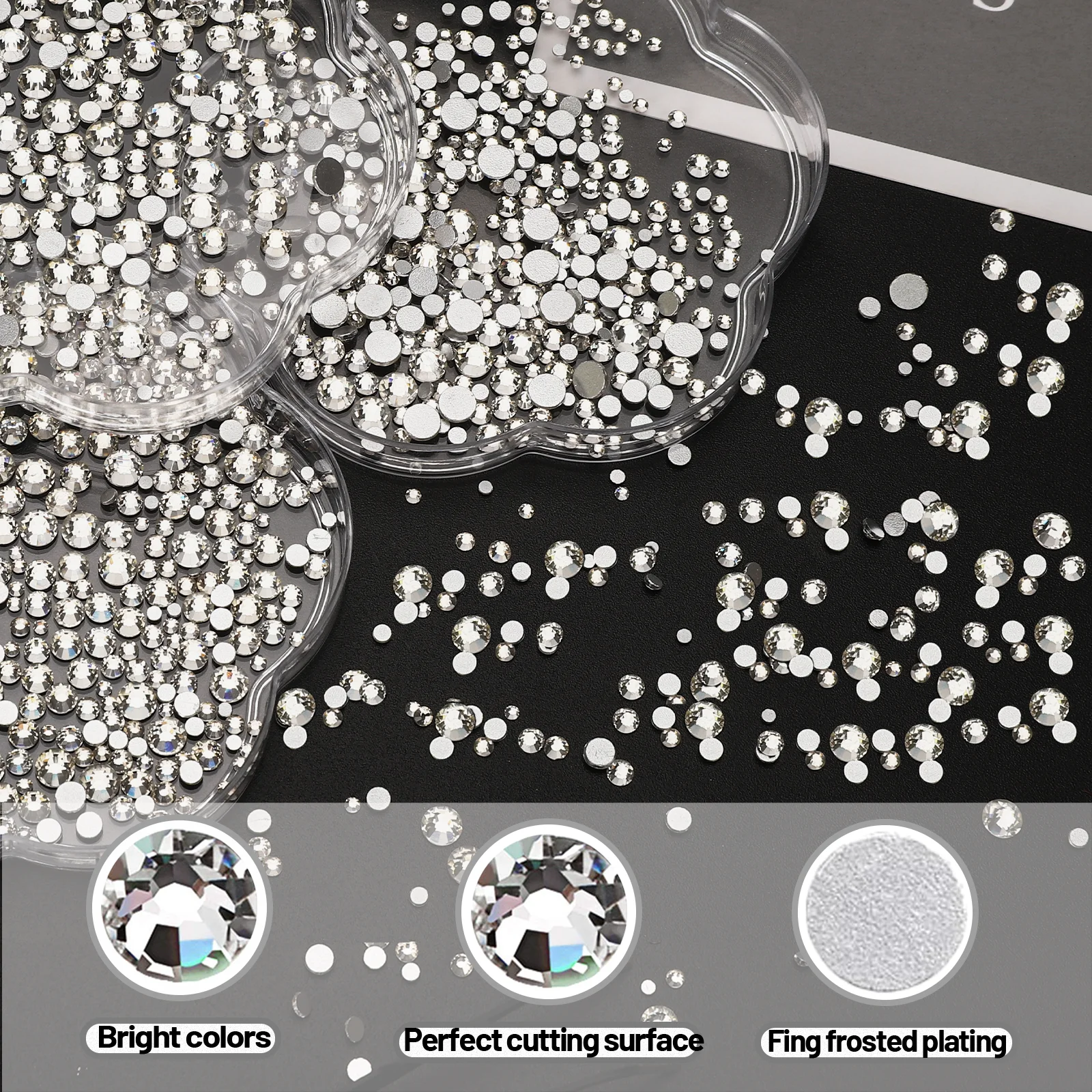 2 boxes of rhinestones, half pearls, flat bottomed white nails, pearls, gemstones - handmade shoe cloth with crayon tweezers