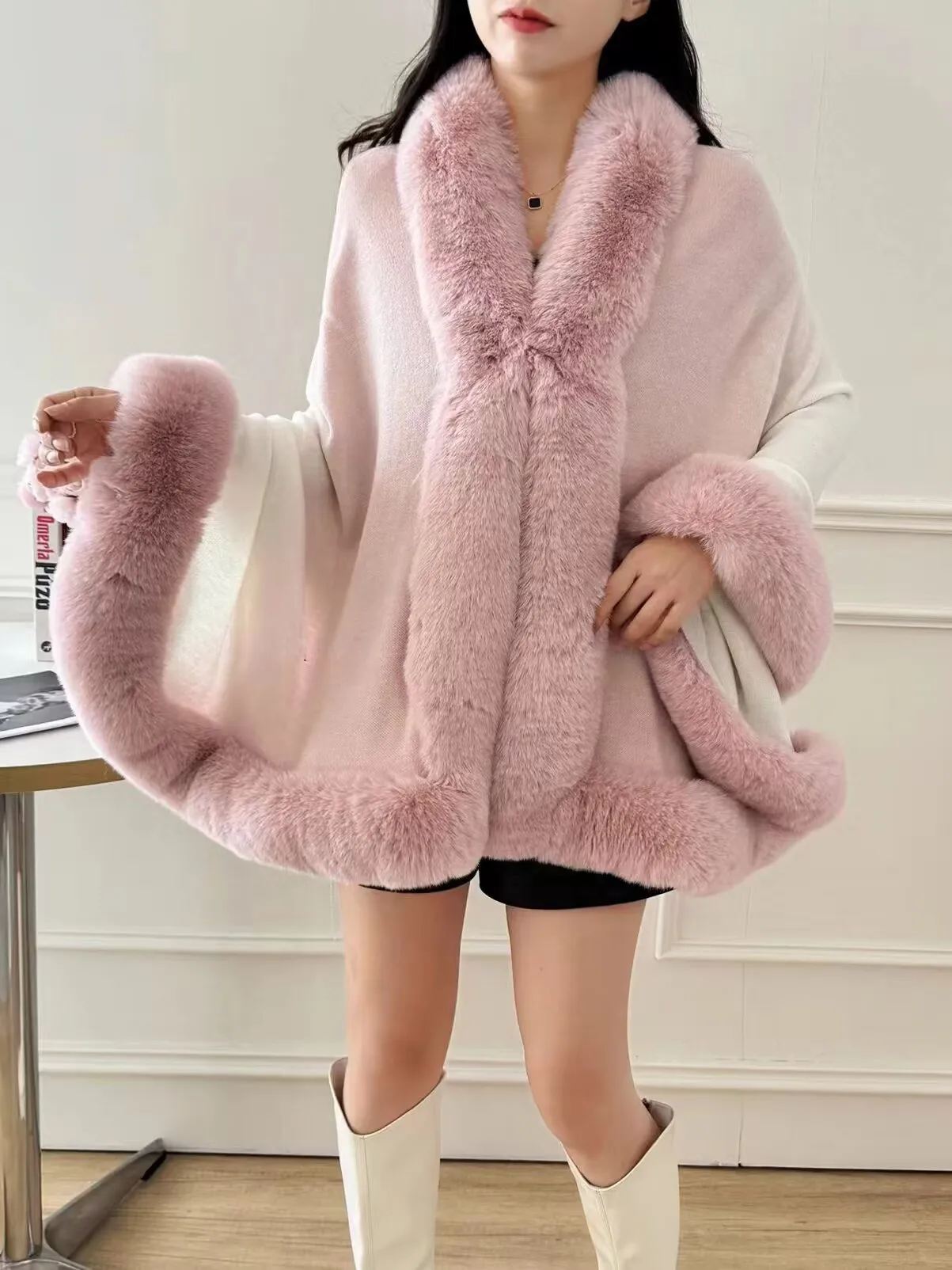 Winter Warm 8 Gradient Colors  Cashmere Plus Size Capes Batwing Sleeves Poncho Women Faux Fur Collar Loose Cardigan Shawl Coat