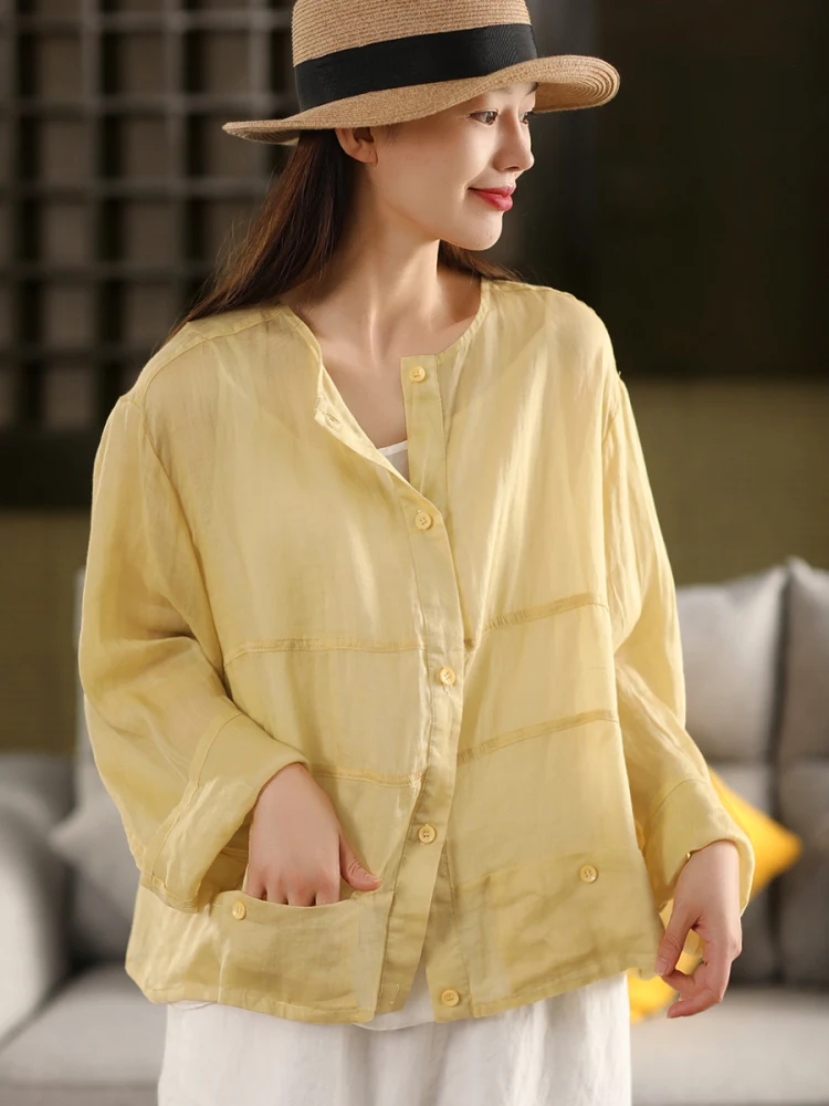 

Retro 00% Flax Long Sve irt Jaet Women's Thin Splicing Design Commute Sle Loose Fit Regular Length Pure Color