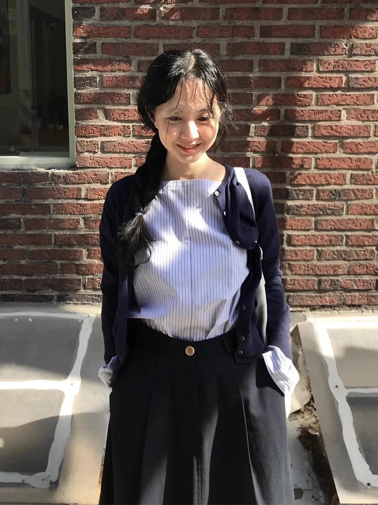 

Chic Autumnal Striped Loose Long Sve One-oulder Korean Sle Versatile irt Women's Faion Breathable Casual Top