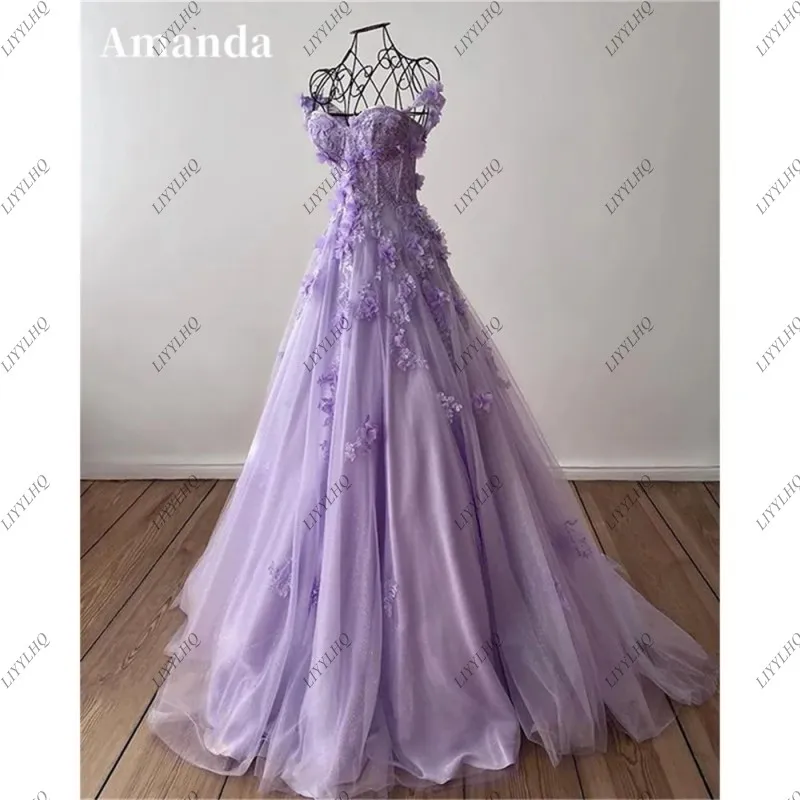 LIYYLHQ  Sweet A-line 3D Flower Princess  فساتين مناسبة رسمية  Tulle Evening Dress Purple Prom Dress Handmade Robe De Soirée ﻿