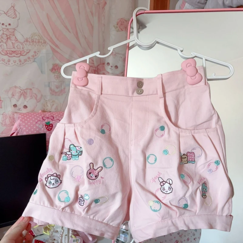 

Розовые японские шорты в стиле милой Лолиты, женские шорты Kawaii с вышивкой мультяшного кролика, шорты с эластичной резинкой на талии, Harajuku Y2k, шорты с тыквой