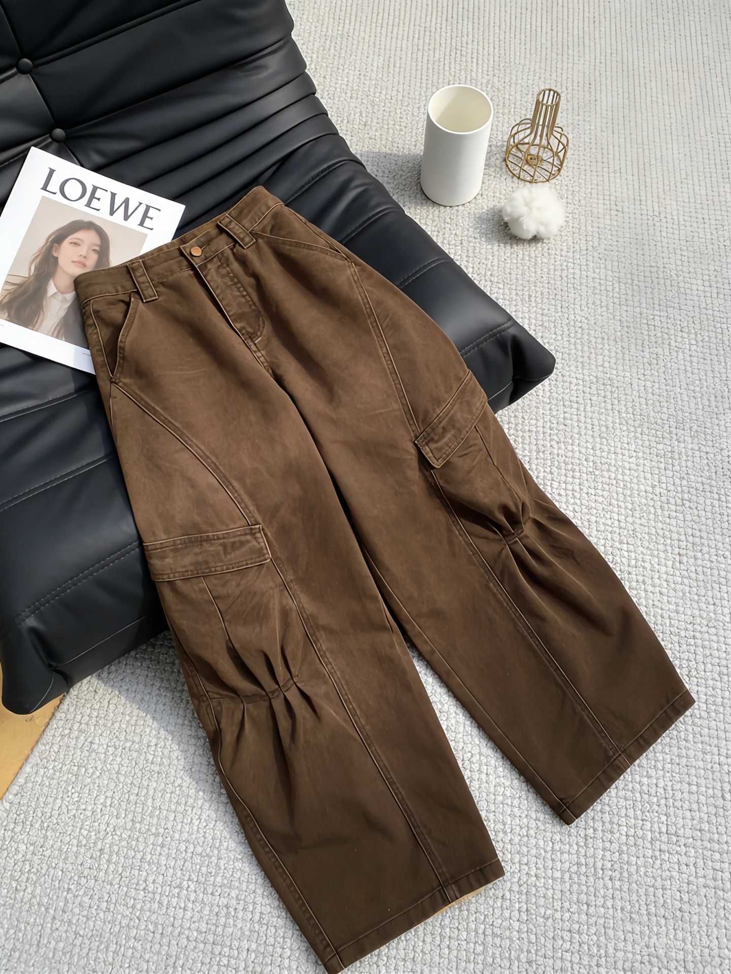 

Retro American Coffee Color Wide Leg Workwear Knife Pants Women's Spring Summer New Sle High Waist Button Pure Color Casual...