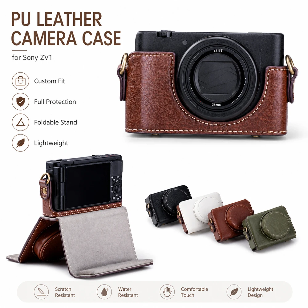 For Sony ZV-1 Camera PU Leather Half Case Protective Base Cover With Shoulder Strap Portable DSLR Camera Bag