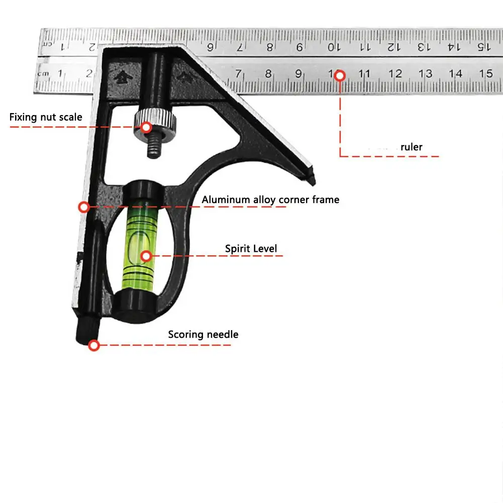 Adjustable Combination Square/Right Angle Ruler 45 / 90 Degree Multifunctional Measuring Tools for Woodworking Universal