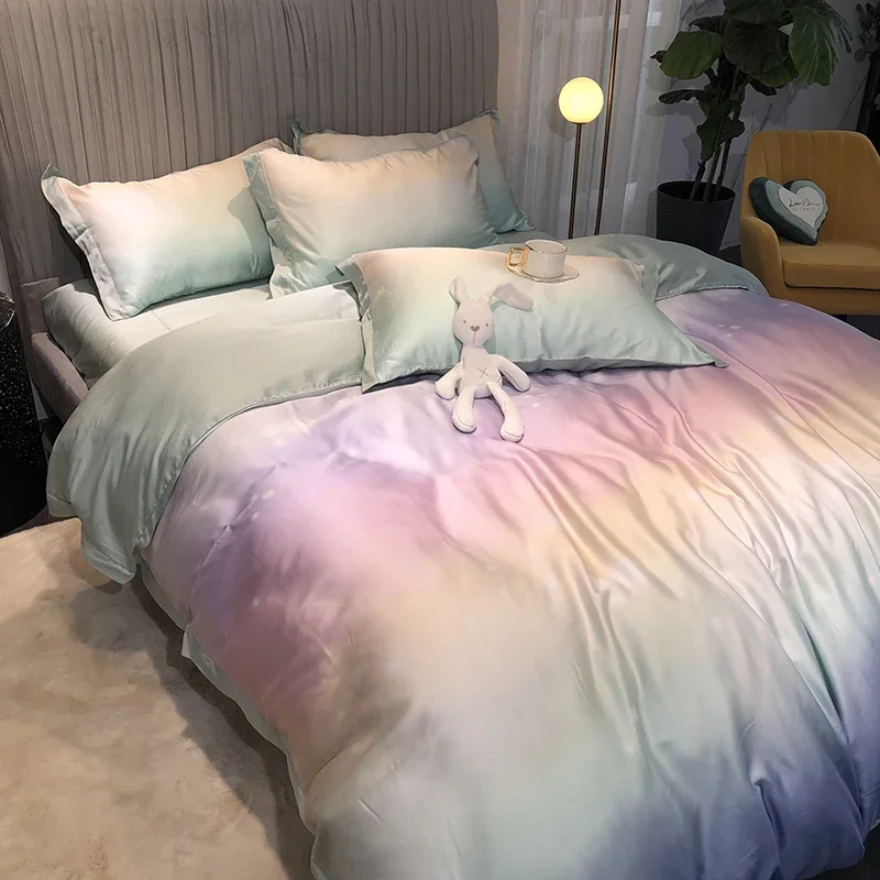 Creative Gradient Color 60s Silk Sheet Duvet Cover Lessel Fiber Bedding Set  Healthy Skin Cover Bed Sheet Pillowshams Bed Linen