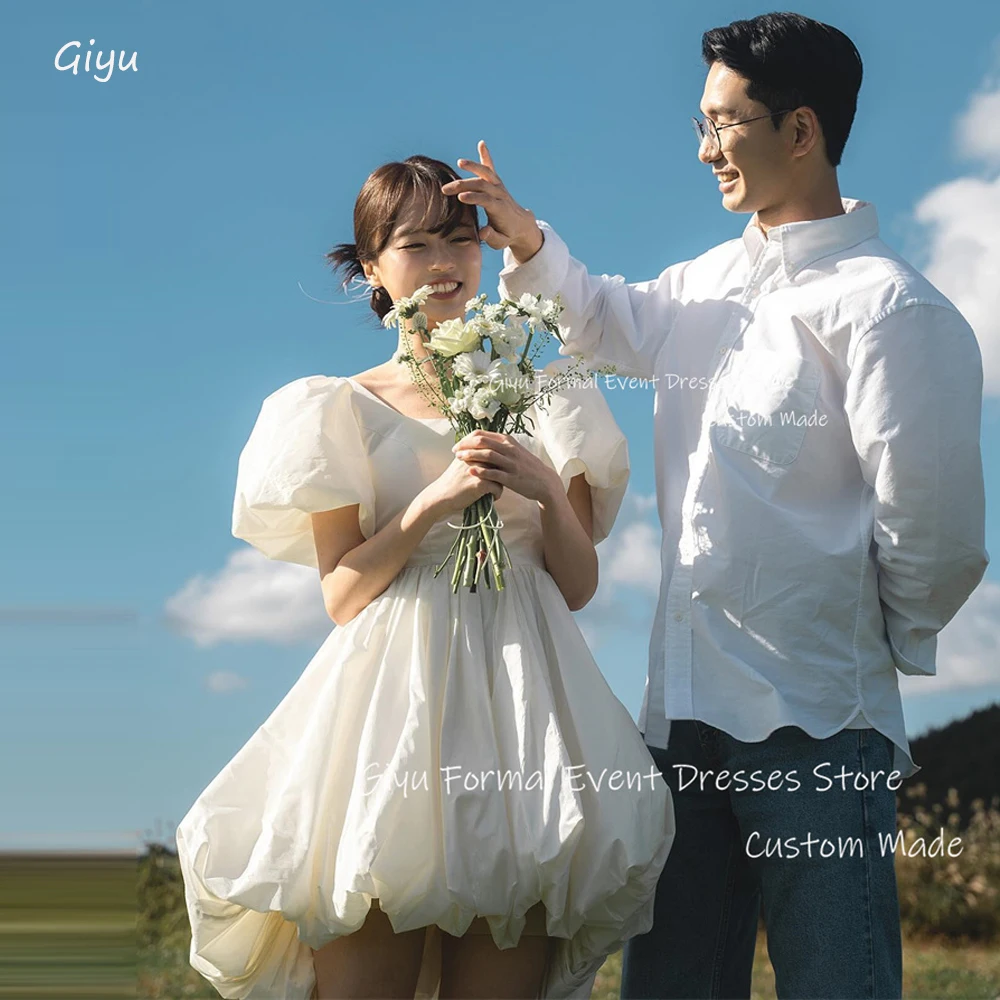 Giyu Vintage A Line Taffeta Short Wedding Dresses Puff Sleeves Square Neck Mini Princess Garden Summer Photoshoot Bride Dress