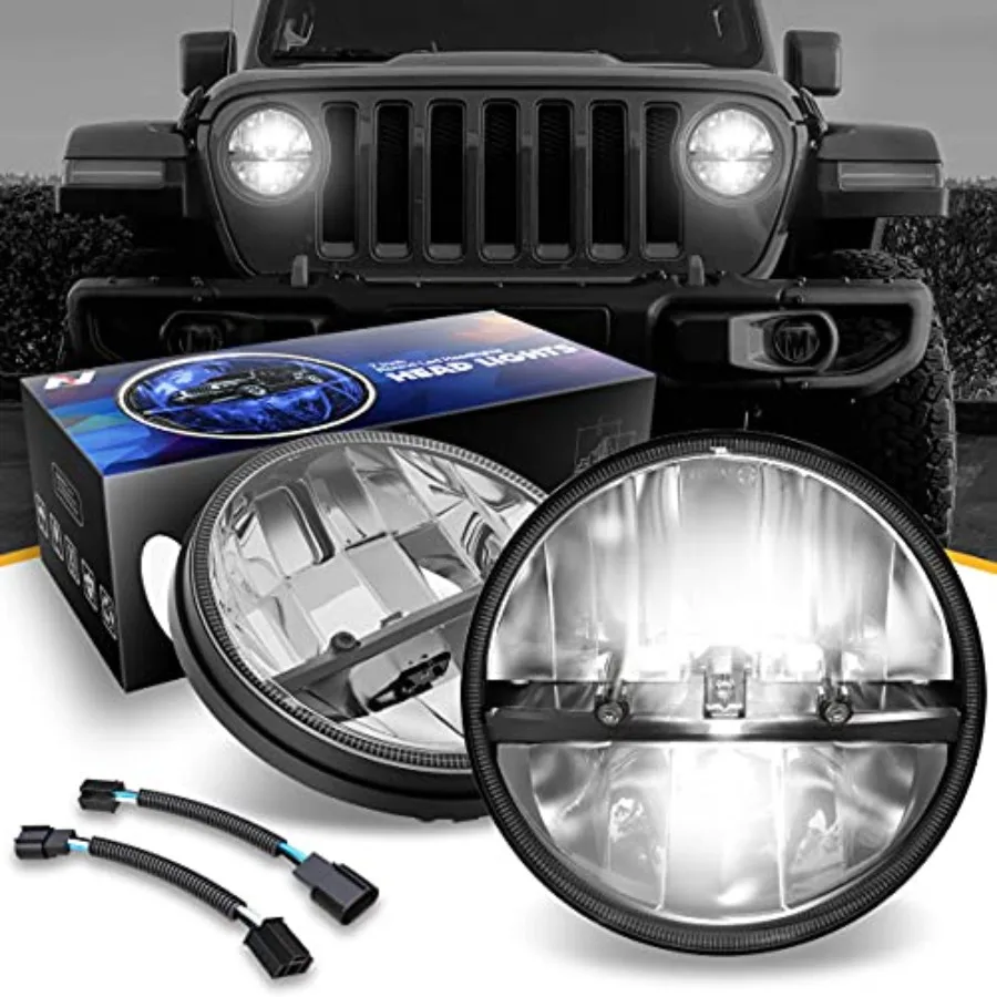 

7 inches LED Headlight High Low Beam Compatible with 97-17 Wrangler JK TJ LJ CJ/ 18 Wrangler JK with Adapter Harness Left and R