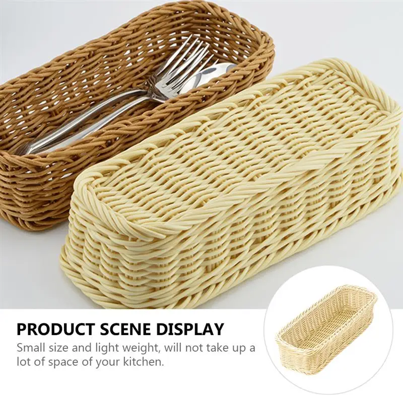 Plastic Rattan Woven Serving Basket Spoon Fork Knife Chopsticks Storage Basket Tableware Organizer Kitchen Cutlery Drain Holder