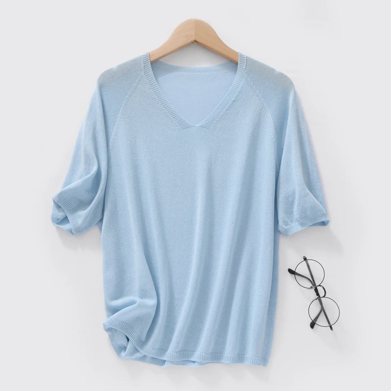 

Summer seamless knitted thin short sleeved V-neck loose top women's knitted shirt comfortable, breathable, lightweight T-shirt