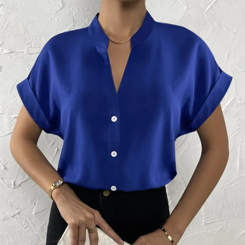 2024 Summer V-neck Women\'s Shirt Casual Office Lady Solid Color Short Sleeve Single Breasted Elegant Women Blouse Femme Blusas