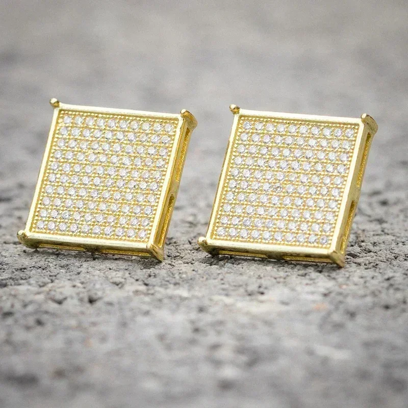 Square Shaped Stud Earrings Gold Color Luxury Accessories for Men/Women Full Bling  CZ Daily Wear Statement Jewelry
