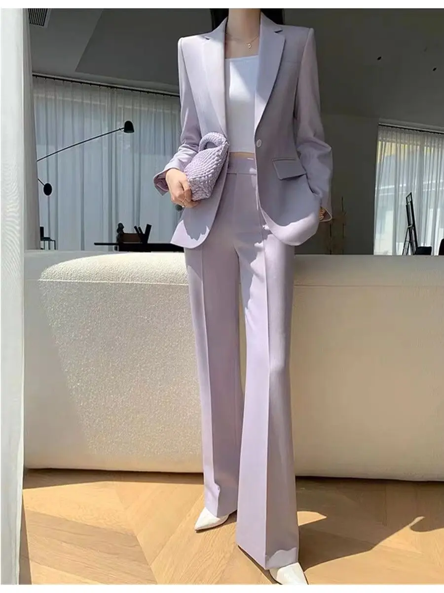 Purple Women's 2 Piece Suit One Button Fashion Blazer Business Casual Daily Outfits Elegant Pantsuit Set Customize