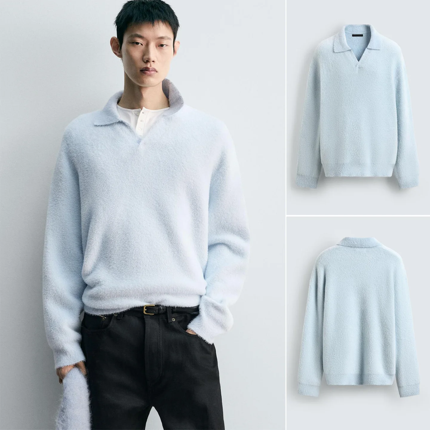 

Spring New Men's Loose Knitted Long Sve irt Artificial Fur Effect Casual Sle Polyester Fiber Breathable Skin-frie...