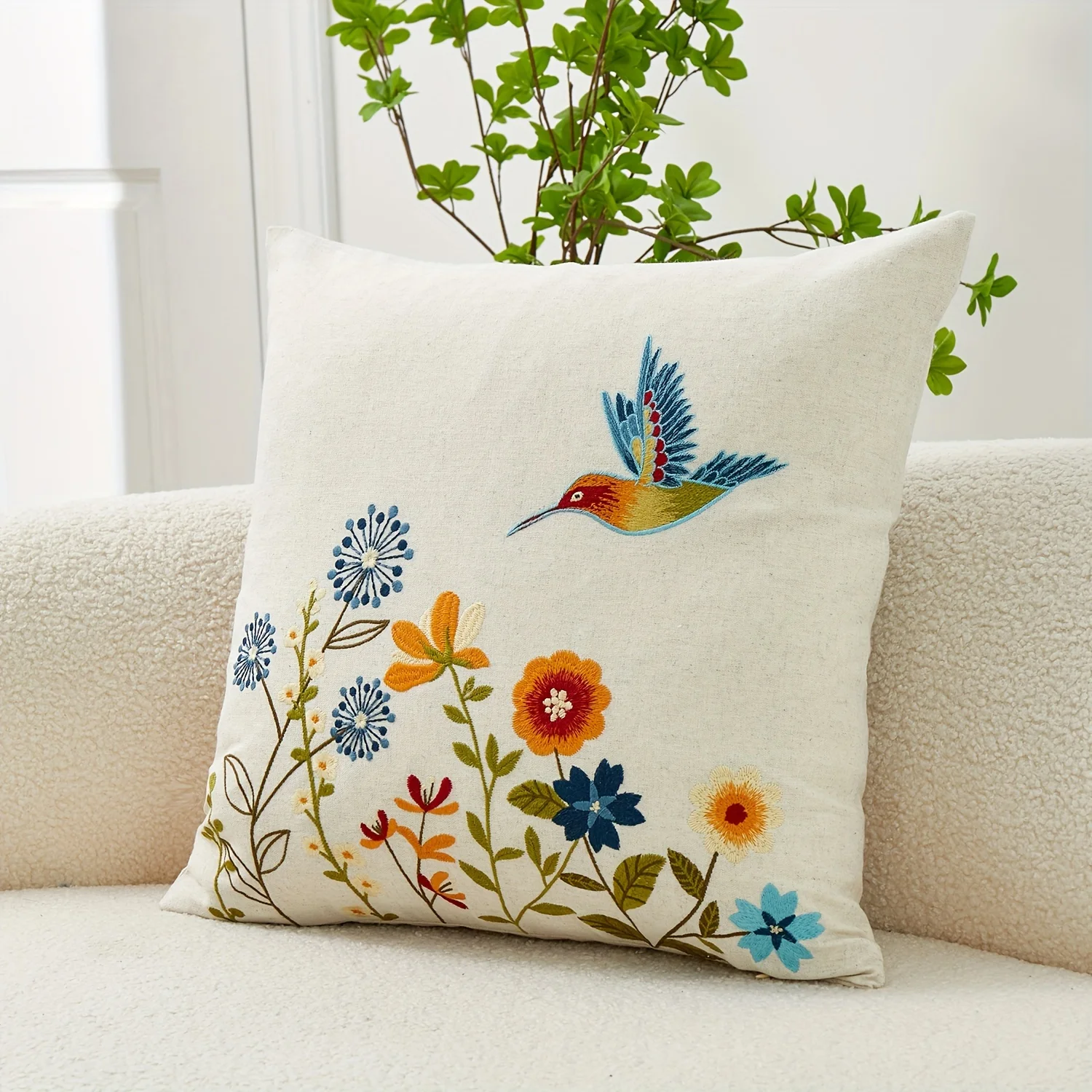 Hummingbird Floral Throw Pillow Cover Vintage Boho Flower Bird Decorative Cushion Case for Sofa Couch  Home Decor