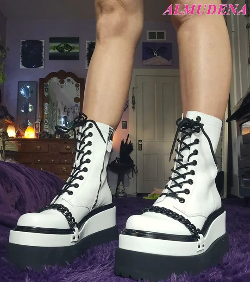 

Black and White Flat Platform Lace up Ankle Boots Leather Women's Round Toe Causal Dress Booties Luxury Designer Soft Shoes