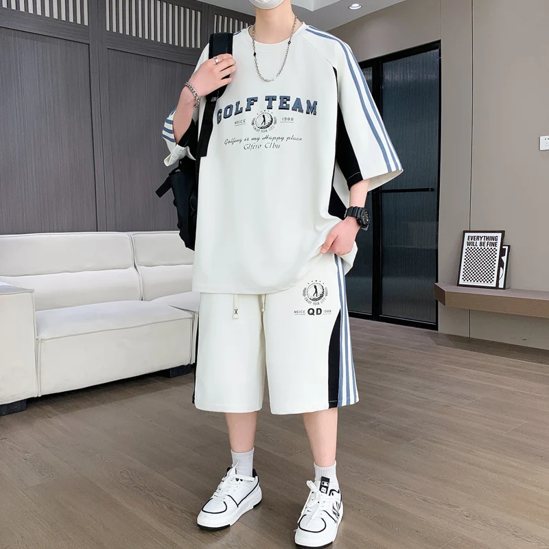 

Мужской повседневный комплект из двух предметов: футболка и брюки 3/4, лето 2025, корейский стиль, модный, универсальный, для студентов, из полиэстера