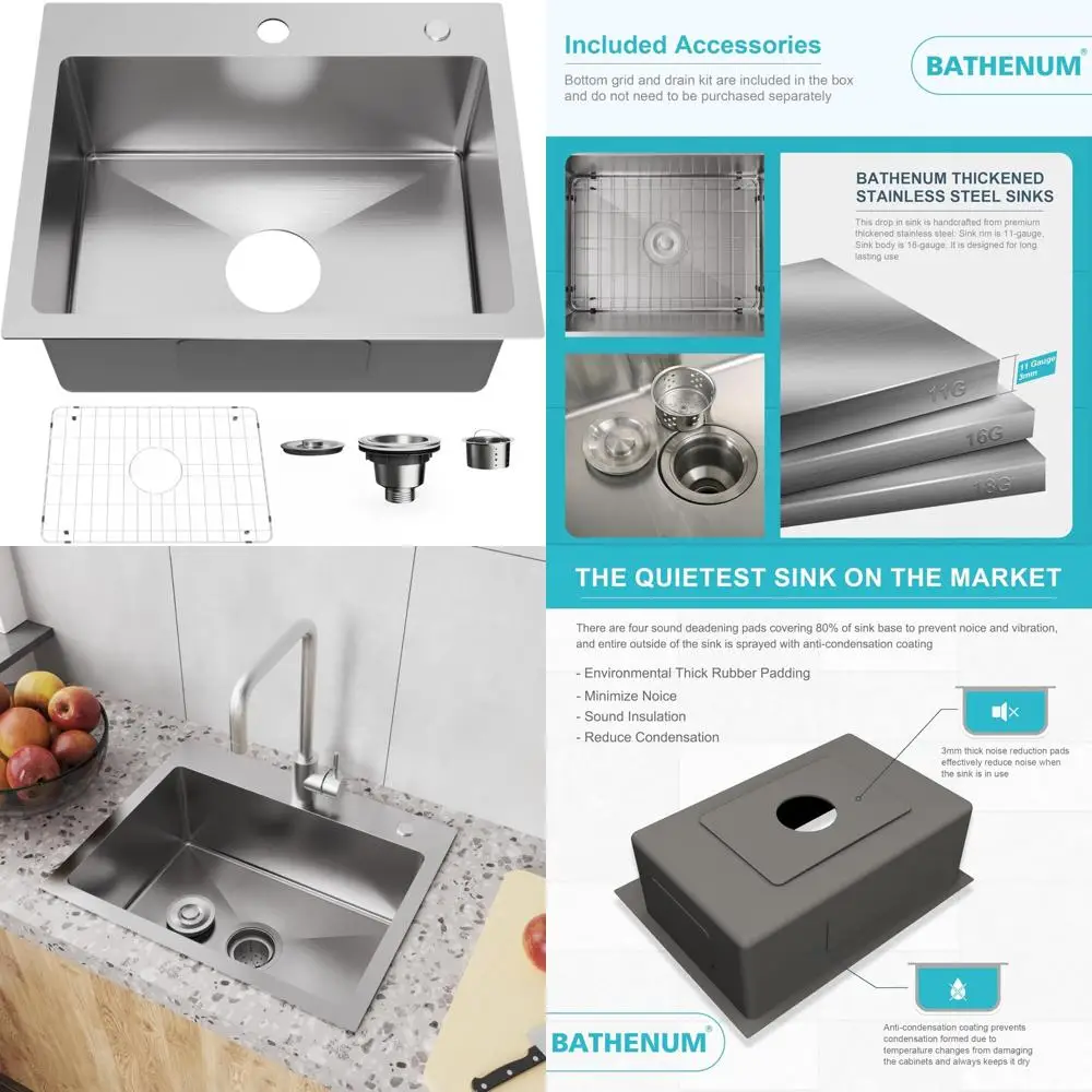

Single Bowl Topmount 304 Stainless Steel Kitchen Sink 20 x 16, Drop-in Design, Brushed Finish, with Drain Kit and Bottom Grid, f