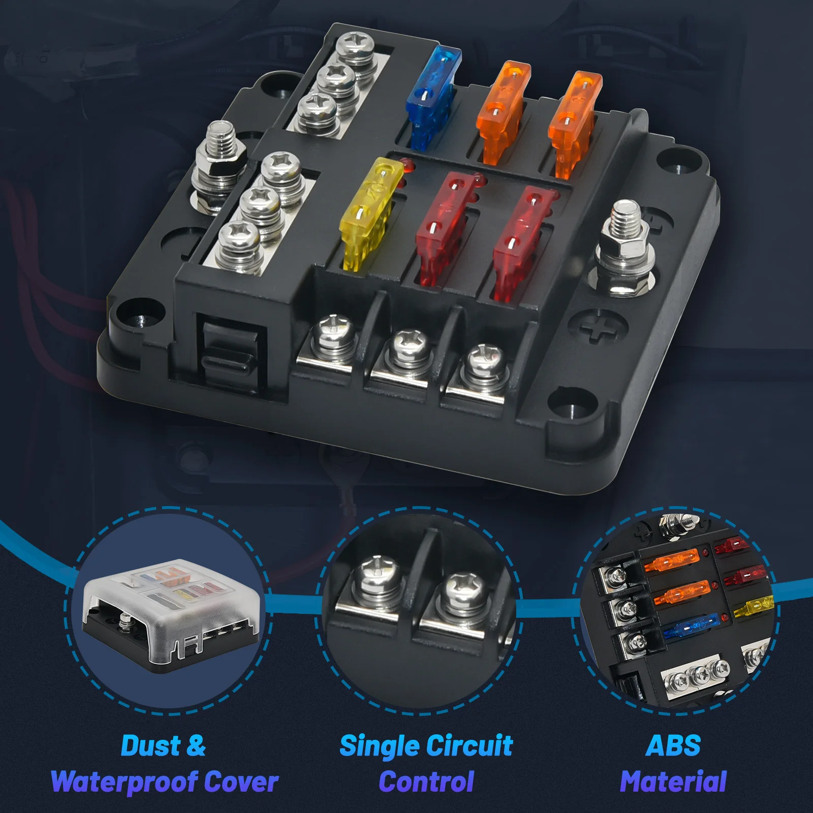 6 Way Fuse Box Holder With 6 Way Blade Fuse Holder Block & Warning Indicator  12V~24V Power Distribution Panel Board