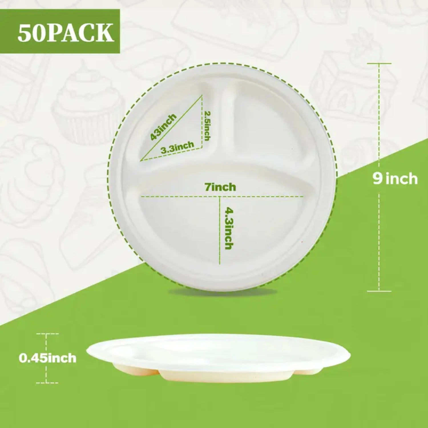 

Disposable Party Dinner Paper Plates, 3-Compartment Plates, Pack of 50 Sturdy Paper Plates for BBQ, Picnic, and Events