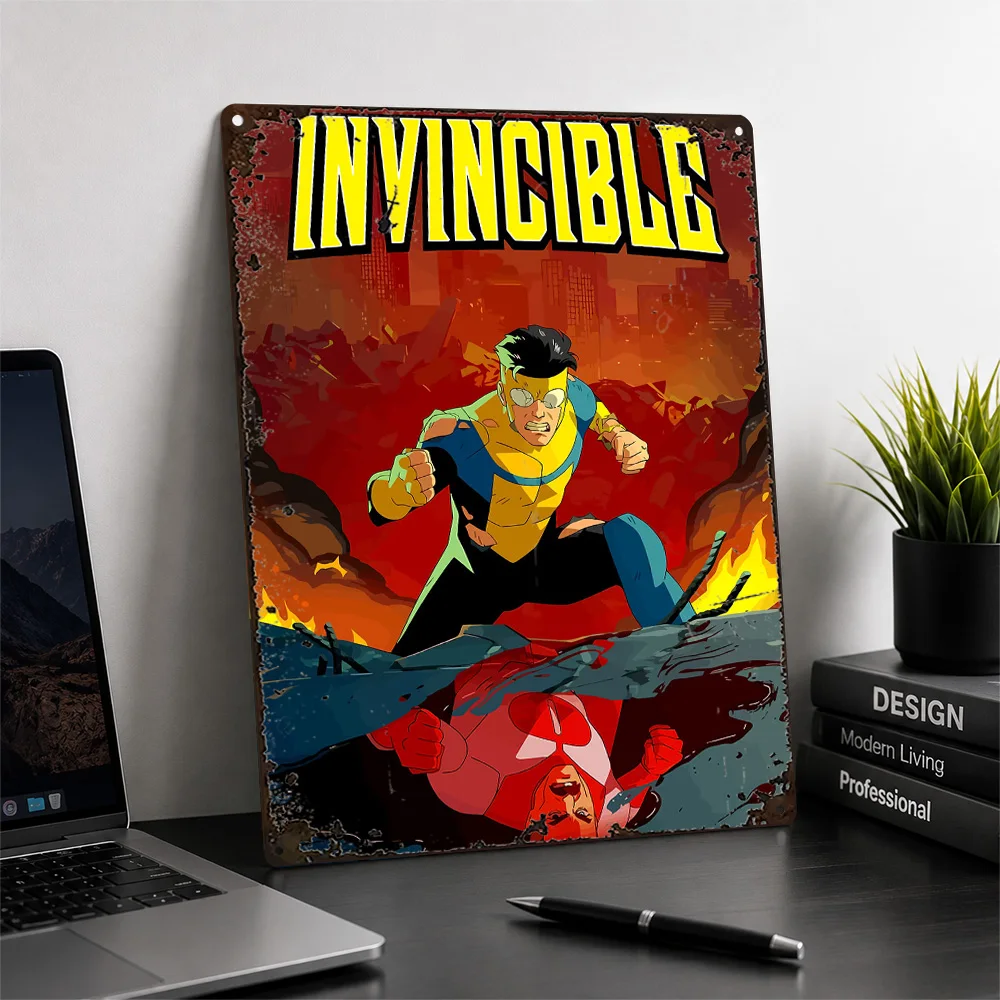 Invincible Fighting Above Ruins Printed Poster Comic Wall Art For Media Room Personalized Aluminum Metal Sign Superhero Fan Gift