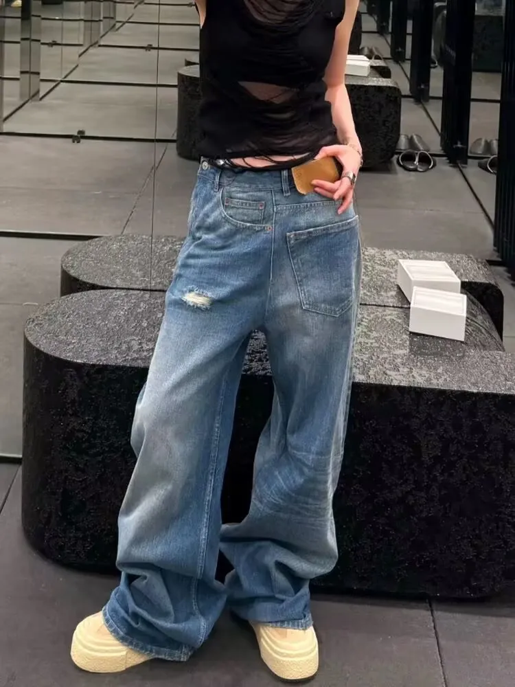 

Джинсы с высокой талией, женские дизайнерские свободные широкие брюки длиной до пола, прямые брюки, повседневные брюки